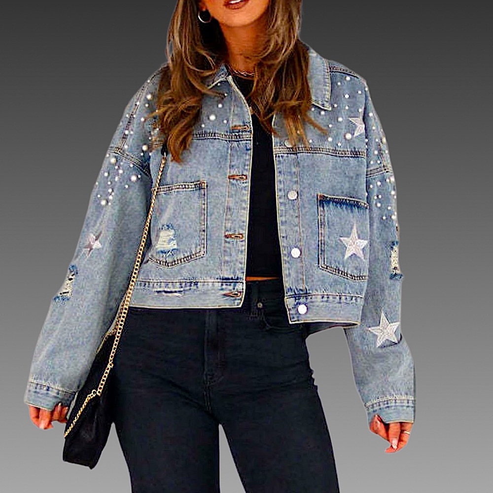 Women's Blue Denim Jean Jacket with Star Embellishments